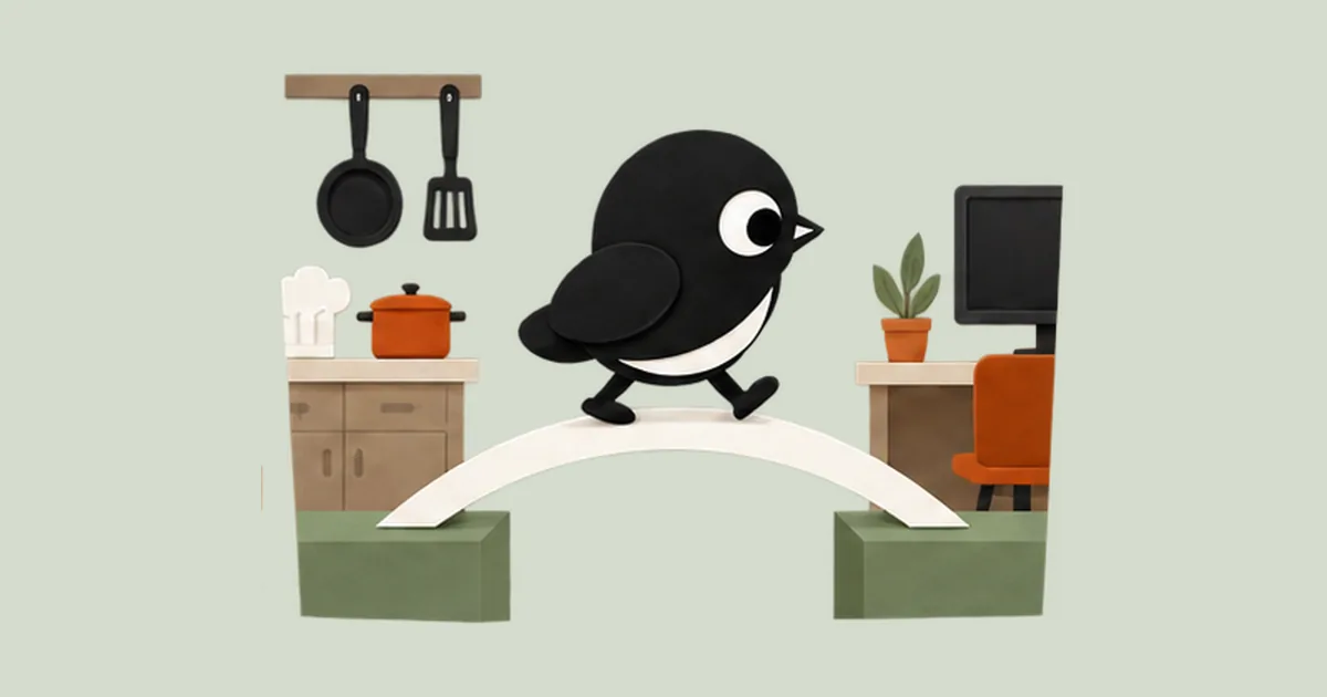 The Twoweeks bird walks across a paper bridge from a kitchen counter to an office desk.