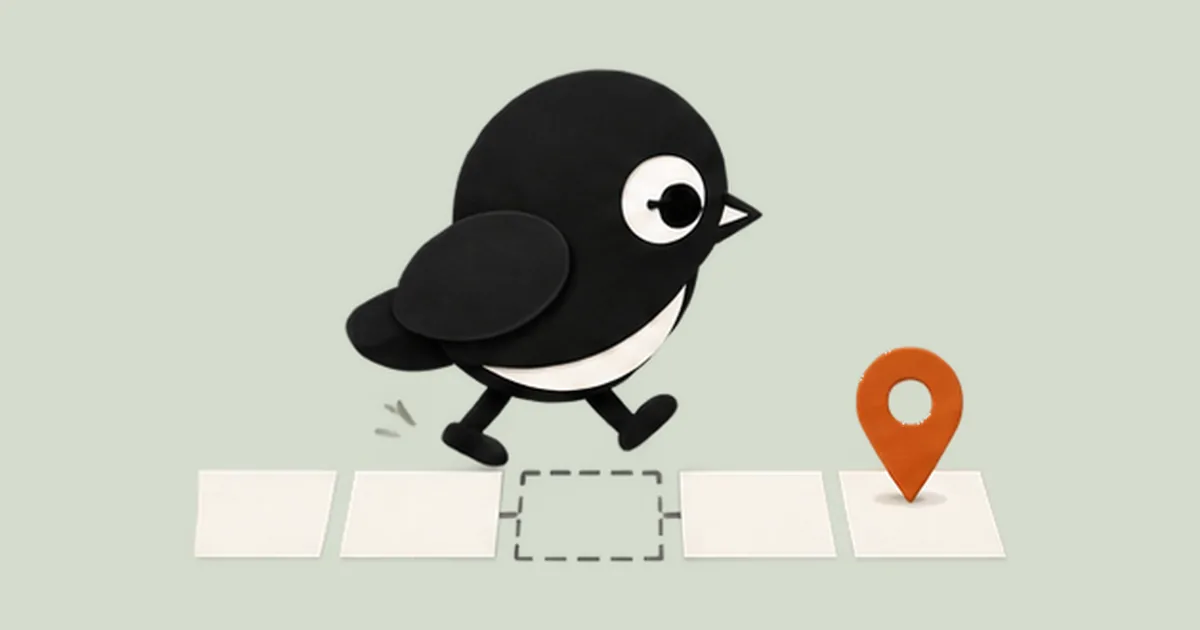 The Twoweeks bird steps calmly over a small gap in a timeline made of paper tiles.