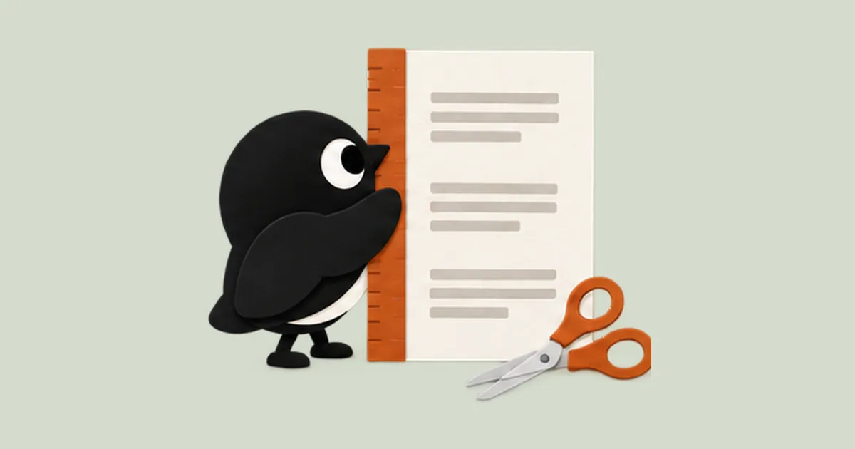 The Twoweeks bird measures a single sheet of paper with a ruler, scissors nearby.