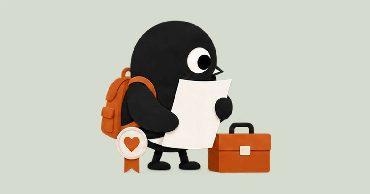 The Twoweeks bird holds a blank sheet of paper beside a backpack, a volunteer badge and a toolbox.