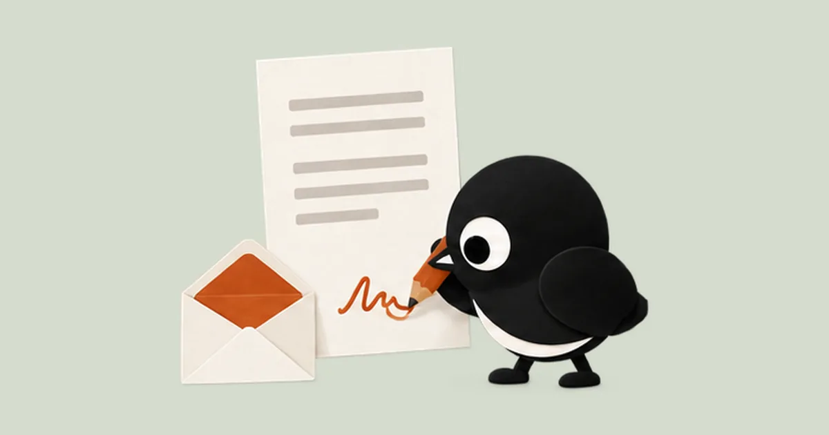 The Twoweeks bird signs the bottom of a finished letter, with an envelope ready beside it.