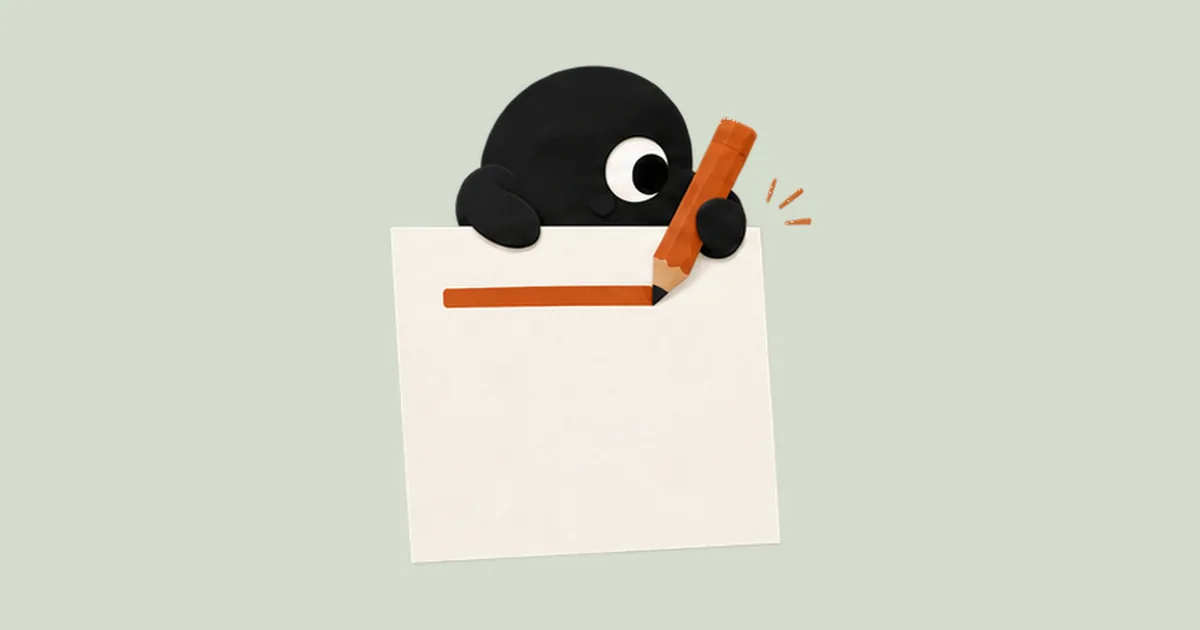 The Twoweeks bird writes the first line at the top of a blank sheet of paper with a pencil.